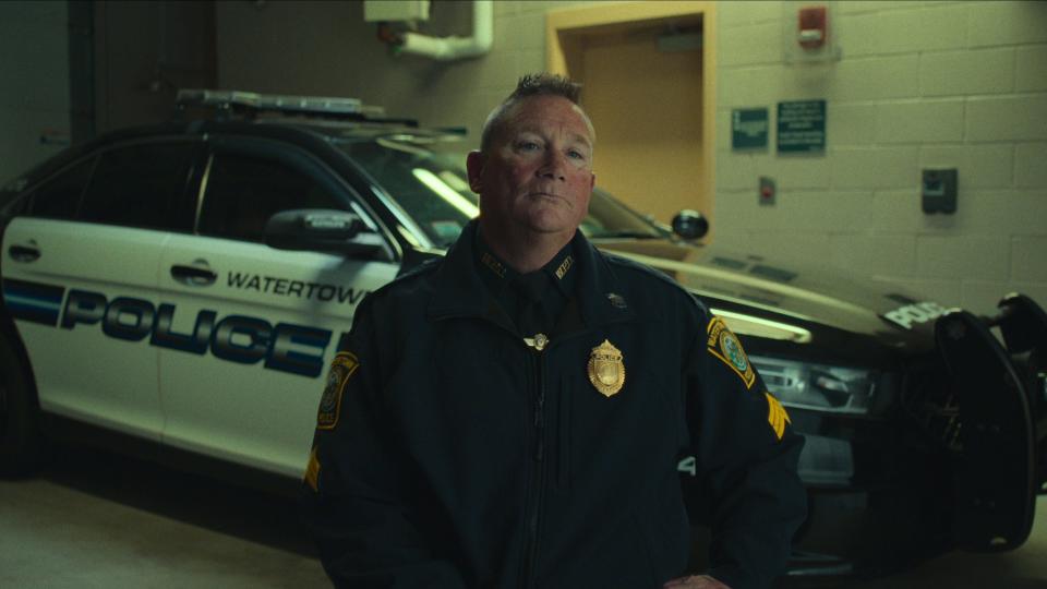 Watertown police Sgt. John MacLellan, who was involved in a shootout with the Boston Marathon bombers, appears in a scene from the Netflix documentary "American Manhunt: The Boston Marathon Bombing."