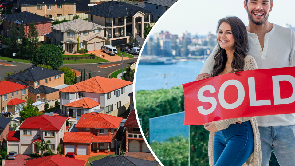 Pictured: Australian property and couple with SOLD house sign. Images: Getty