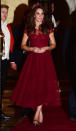 <p>Kate donned the colour of the season for the opening night of West End musical, <i>42nd Street</i>. Wearing a claret midi-length dress by Marchesa Notte (that cost £1,105), the Duchess opted for some seriously fashion-forward accessories including a pair of pom pom statement earrings from Kate Spade. Gianvito Rossi pumps and a matching Mulberry clutch topped off the look. </p><p><i>[Photo: PA]</i></p>