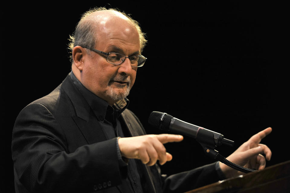 Renowned author Salman Rushdie speaks to a packed audience in 2017 at Jesse Auditorium during the Unbound Book Festival. In his keynote speech, Rushdie stressed the important role of literature in times of political tension.