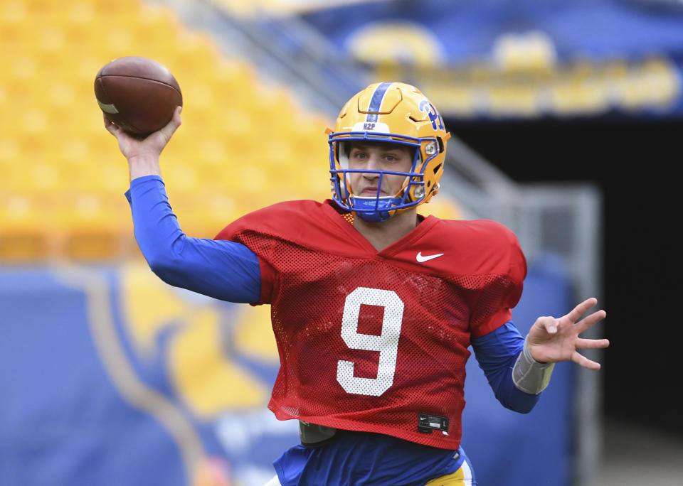 FILE - Pittsburgh quarterback Kedon Slovis (9) throws a pass during their annual NCAA college football intrasquad Blue-Gold game in Pittsburgh, April 9, 2022. USC transfer Kedon Slovis will start for No. 17 Pittsburgh when the Panthers open the season against West Virginia on Sept. 1. (AP Photo/Philip G. Pavely, File)