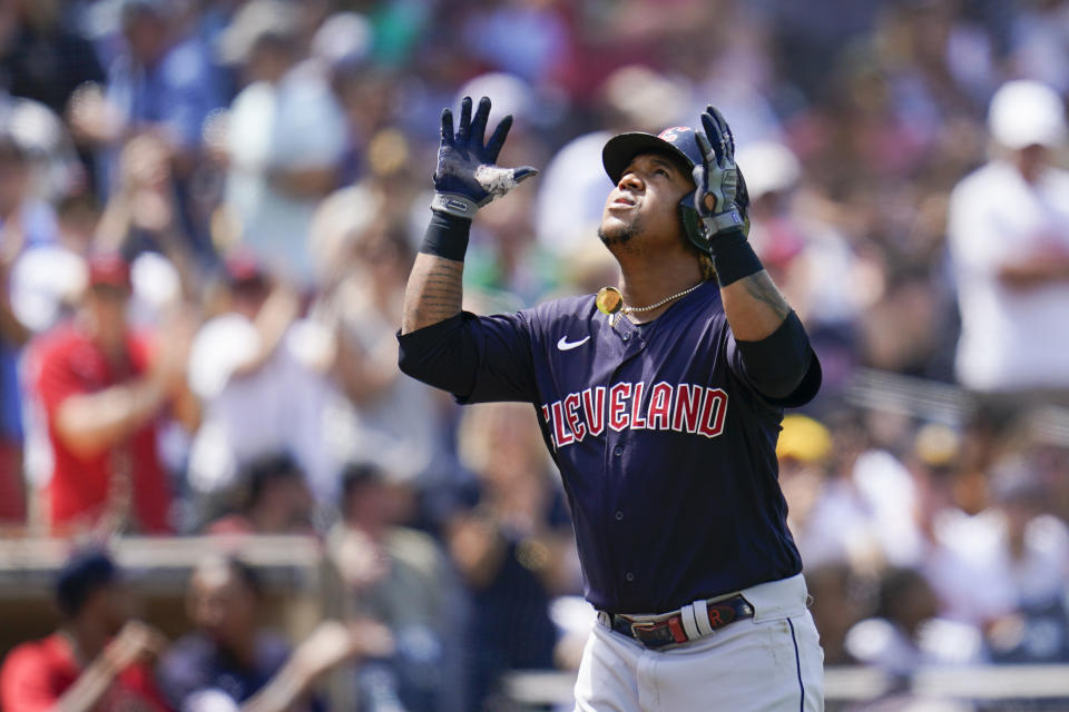 Cleveland Guardians' Jose Ramirez reacts after hitting a home run during the fourth inning of a baseball game against the San Diego Padres, Wednesday, Aug. 24, 2022, in San Diego. (AP Photo/Gregory Bull)