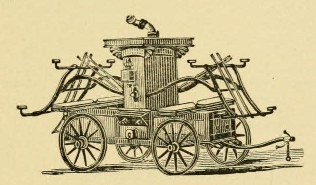 Hand-pump engine, pulled by horses, was the fire apparatus of the day in the New Bedford Fire Department during the great fire of 1859