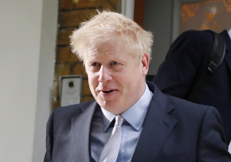 British Conservative Party lawmaker Boris Johnson leaves his home in London, Tuesday, June 11, 2019. Britain's Conservative Party is holding an election to replace Prime Minister Theresa May, who resigned last week after failing to lead Britain out of the European Union on schedule. Former Foreign Minister Boris Johnson is currently the bookies favorite to replace May. (AP Photo/Frank Augstein)