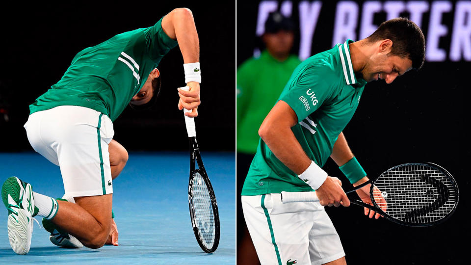 Novak Djokovic is seen here in visible discomfort at the Australian Open.