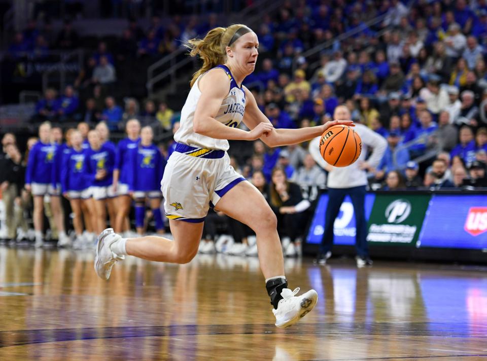 South Dakota State’s Tori Nelson dribbles across the court in a game against Oral Roberts in the Summit League women’s semifinals on Monday, March 6, 2023, at the Denny Sanford Premier Center in Sioux Falls.