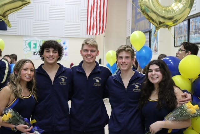 Hopewell Area senior swimmers during their Senior Night, from left to right: Kian McIlvain, Maison Keczmer, Patrick Blosnick, Madison Krah and David Bibbee.