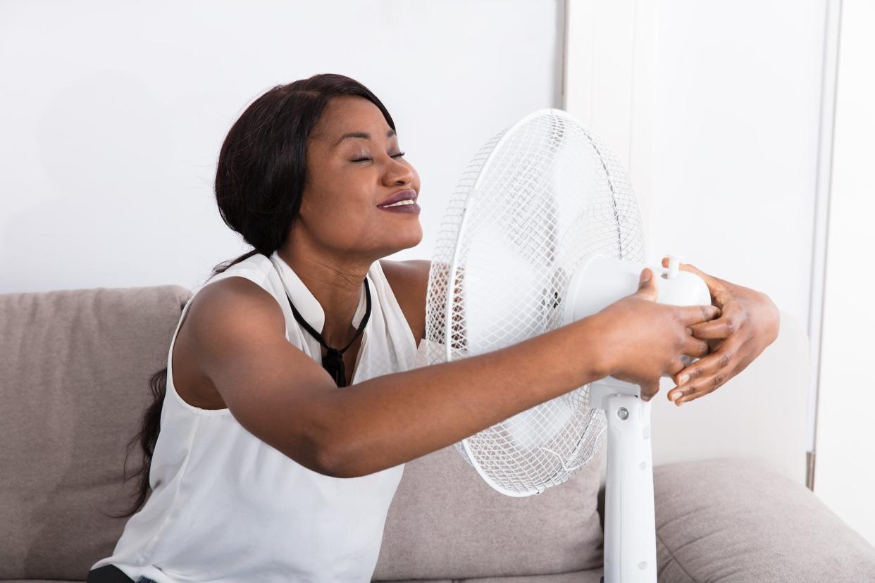 Woman Enjoying Breeze With Electric Fan