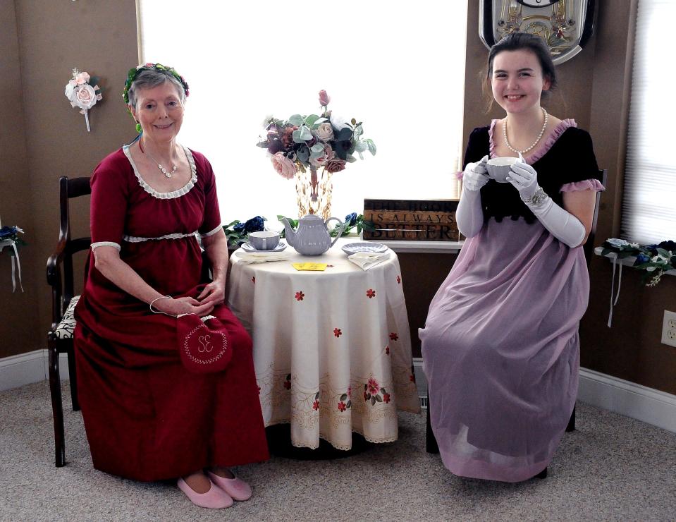 Susan English and Rebekah Lay dress in period costumes in advance of the Jane Austen Ball to be held March 25 at Wayne Center for the Arts.