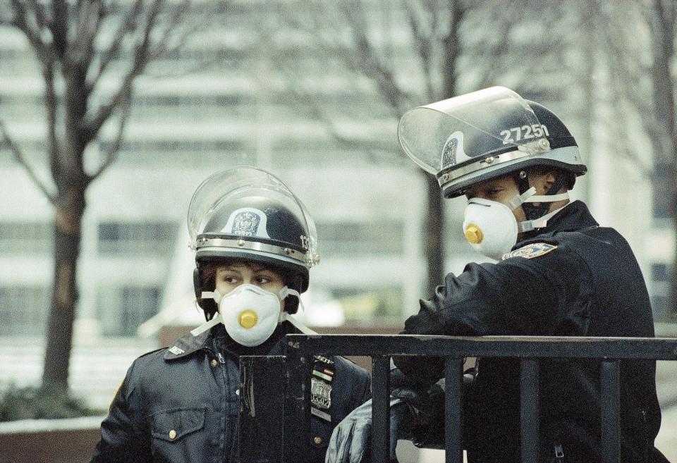 New York City police are pictured during the aftermath of the explosion that rocked the World Trade Center in New York, Feb. 26, 1993.