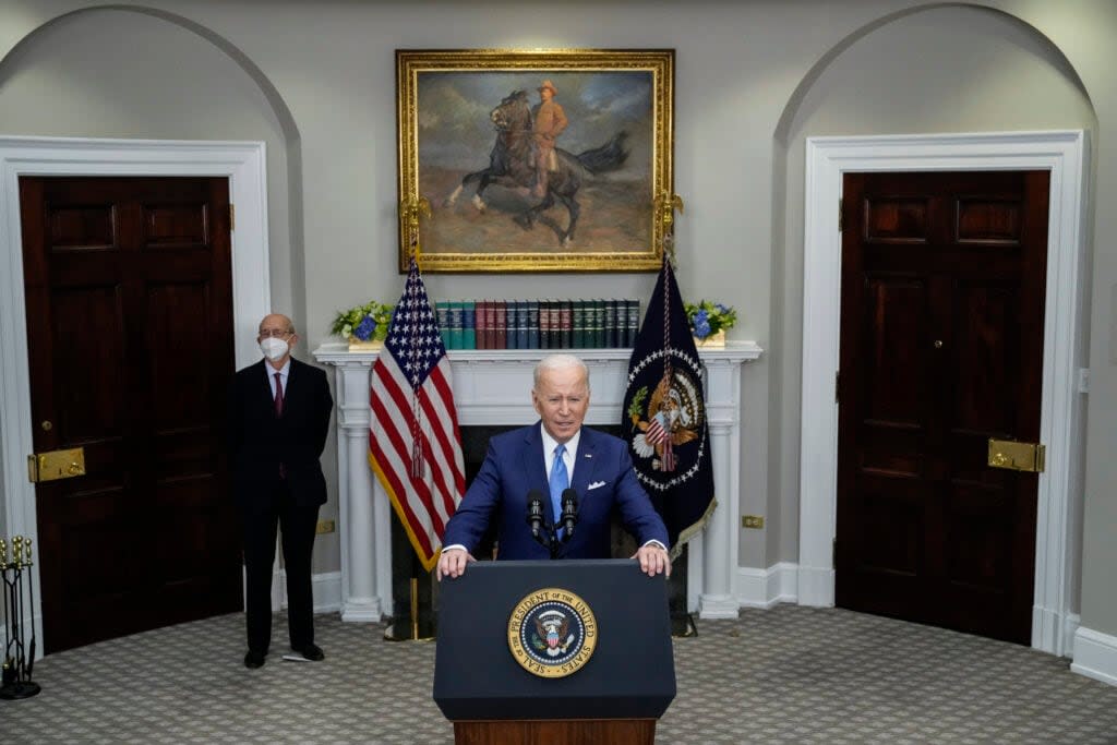 U.S. President Joe Biden speaks about the coming retirement of U.S. Supreme Court Associate Justice Stephen Breyer in the Roosevelt Room of the White House on January 27, 2022 in Washington, DC. (Photo by Drew Angerer/Getty Images)