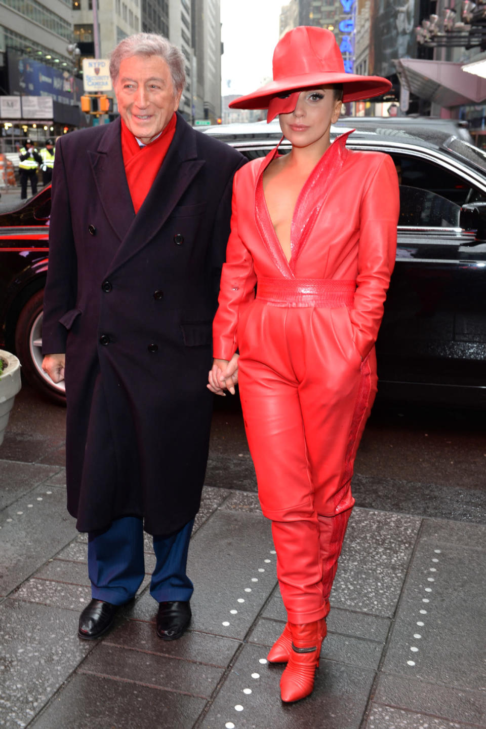 <p>Her duets with Bennett say “torch song-singer,” but the red leather jumpsuit is classic Gaga.<i> Photo: Getty Images </i></p>