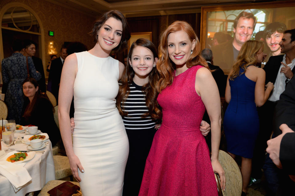 Anne Hathaway, Mackenzie Foy, and Jessica Chastain all wear their best “ladies who lunch” looks.