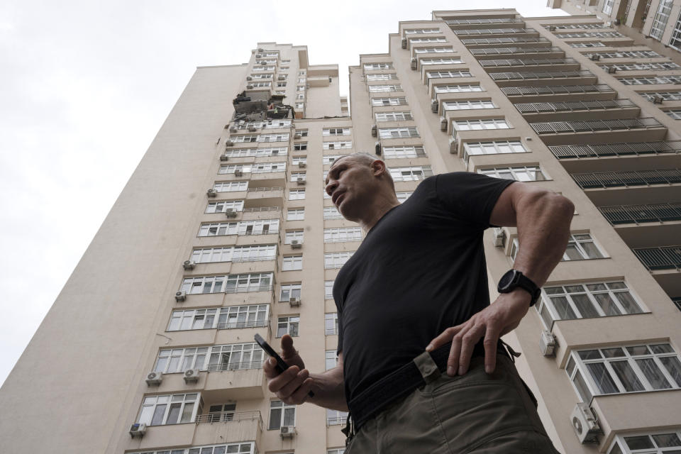 FILE - Kyiv Mayor Vitali Klitschko speaks to media in a yard of an apartment building damaged by Russian attack in Kyiv, Ukraine, Saturday, June 24, 2023. A gloomy mood hangs over Ukraine’s soldiers nearly two years after Russia invaded their country. Ukrainian soldiers remain fiercely determined to win, despite a disappointing counteroffensive this summer and signs of wavering financial support from allies. (AP Photo/Andrew Kravchenko, File)