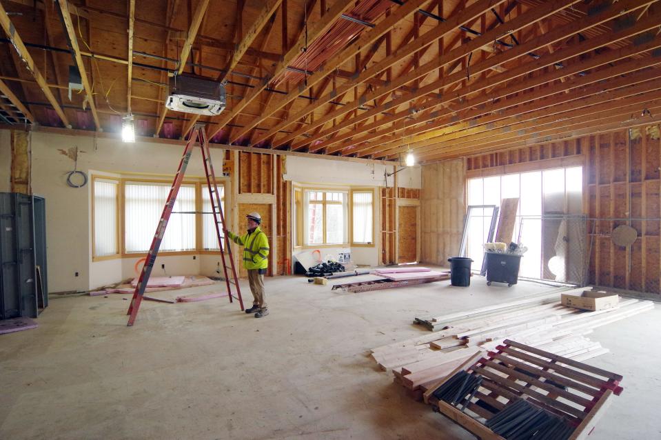 Construction Superintendent Bill Cannon surveys the continued progress of the Brockton Senior Center construction on Friday, March 15, 2024. This space will be split up into three multi-purpose rooms.