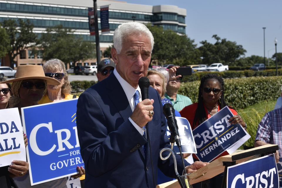 Democratic gubernatorial candidate Charlie Crist speaks Thursday at Veterans Memorial Park in Pensacola, just across the street from the former corporate headquarters of Gulf Power, now owned by Florida Power & Light.