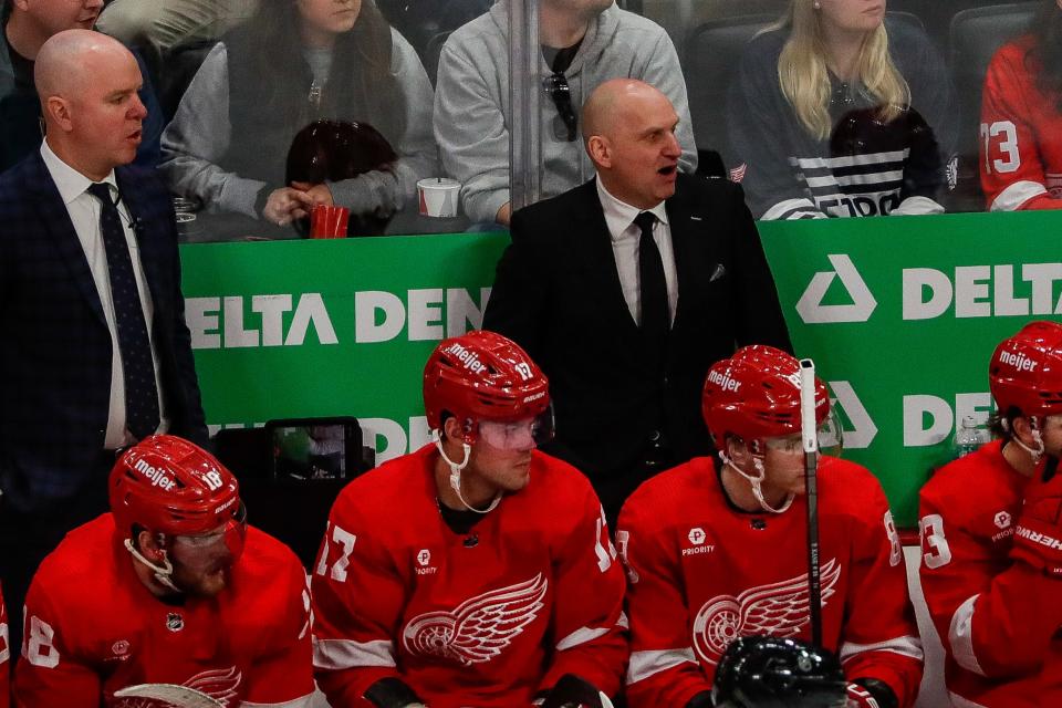 Detroit Red Wings head coach Derek Lalonde watches a play against Buffalo Sabres during the first period at Little Caesars Arena in Detroit on Sunday, April 7, 2024.