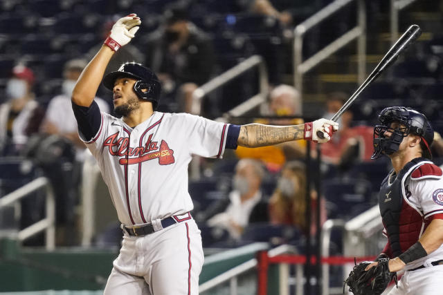 ATLANTA, GA - APRIL 11: Huascar Ynoa #19 of the Atlanta Braves stares down  a batter during the Monday evening MLB game between the Washington  Nationals and the 2021 World Series Champion