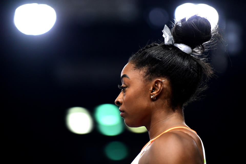 Simone Biles warms up prior to the 2021 GK U.S. Classic gymnastics competition