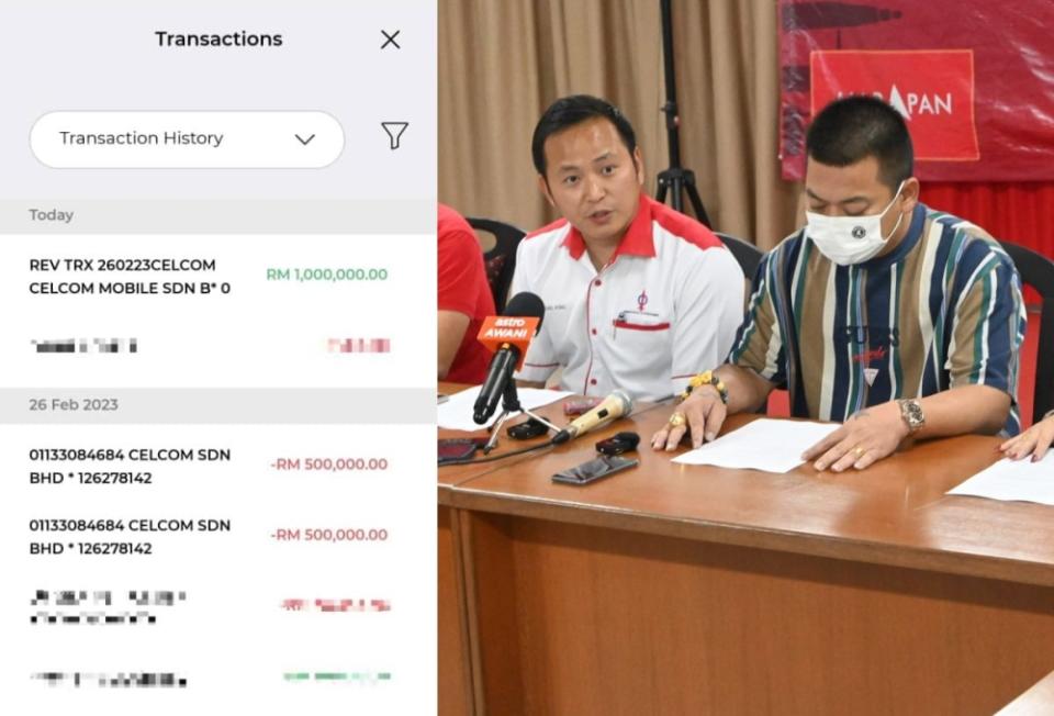 Maybank Transaction Records showing two RM500,000 transactions to Celcom Sdn Bhd. — Picture via SoyaCincau