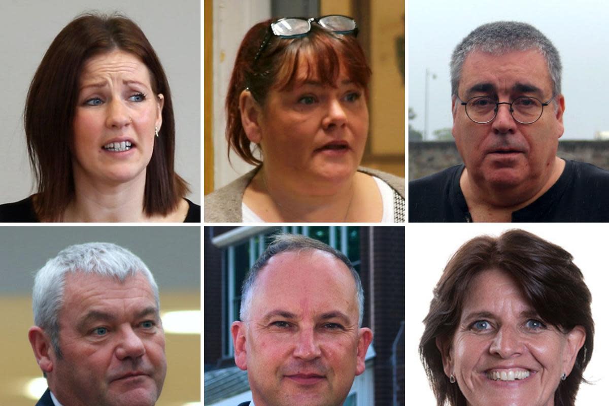 Campaigners Angeline Logan of A Common Bond, Liz Anstey, and Eddy Parkinson of Stolen Childhood (Herefordshire), and bottom row, the council\'s chief executive Paul Walker, leader Coun Jonathan Lester and new head of children\'s services Tina Russell <i>(Image: LDRS; LinkedIn)</i>