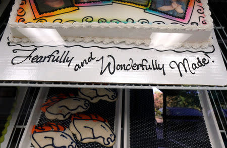 A cake with a Bible verse is displayed in baker Jack Phillips' Masterpiece Cakeshop in Lakewood, Colorado U.S. September 21, 2017. Picture taken September 21, 2017. REUTERS/Rick Wilking NO RESALES. NO ARCHIVES