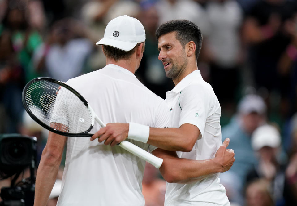 Novak Djokovic, pictured here embracing Tim van Rijthoven after their match at Wimbledon.