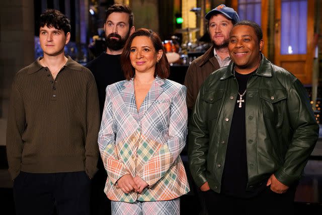 <p>Rosalind O'Connor/NBC/Getty</p> (L-R) Vampire Weekend, Maya Rudolph and Kenan Thompson for 'SNL' promo on May 9, 2024