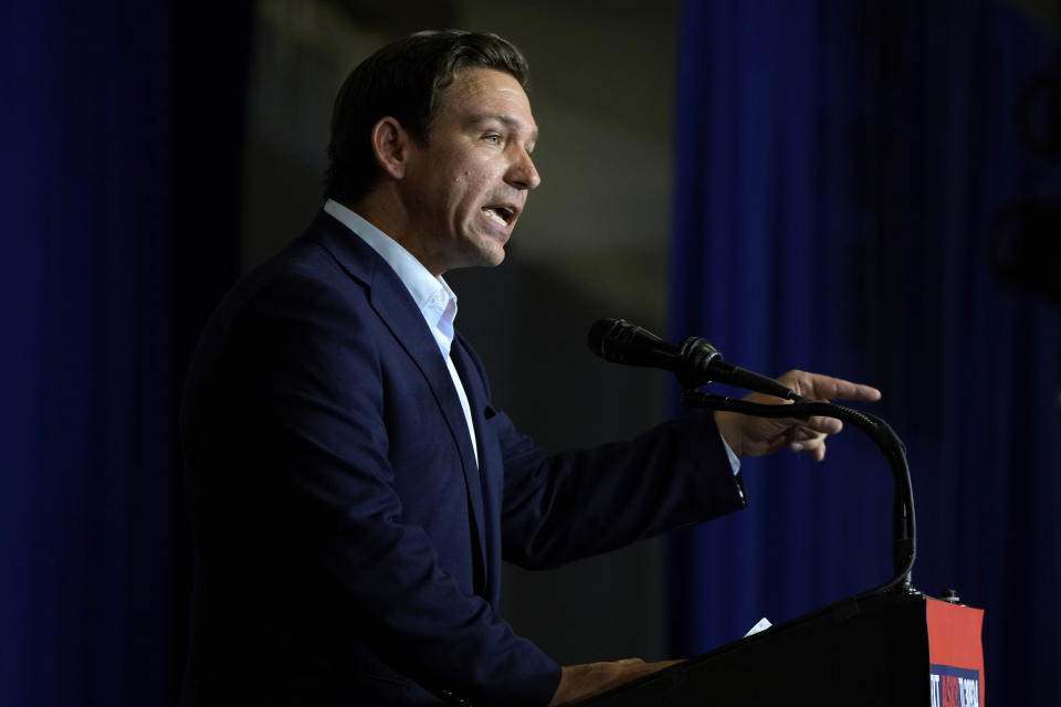 Republican presidential candidate Florida Gov. Ron DeSantis speaks during a fundraising event for U.S. Rep. Ashley Hinson, R-Iowa, Sunday, Aug. 6, 2023, in Cedar Rapids, Iowa. (AP Photo/Charlie Neibergall)