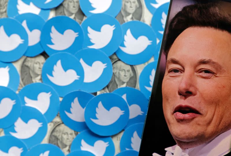 FILE PHOTO: Illustration shows Elon Musk photo, Twitter logos and U.S. dollar banknotes