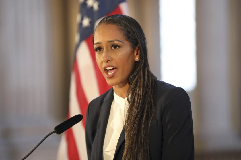 Brooke Jenkins addresses a news conference at City Hall, Thursday, July 7, 2022, in San Francisco. (Santiago Mejia/San Francisco Chronicle via AP)