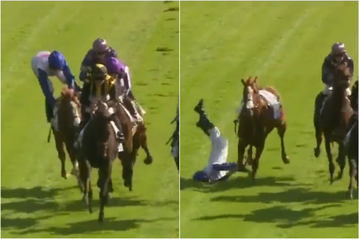 Nasty: Ryan Rossa was elbowed off his horse  (Sky Sports Racing)