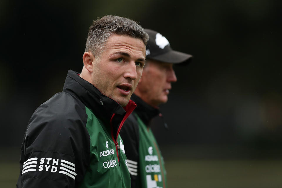 Sam Burgess (pictured front) walking during South Sydney training.