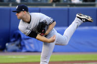 New York Yamkees starting pitcher Michael King throws to a Toronto Blue Jays batter during the first inning of a baseball game, Thursday, June 17, 2021, in Buffalo, N.Y. (AP Photo/Jeffrey T. Barnes)