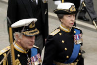 <p>LONDON, ENGLAND - SEPTEMBER 19: King Charles III and Anne, Princess Royal at Westminster Abbey for The State Funeral of Queen Elizabeth II on September 19, 2022 in London, England. Elizabeth Alexandra Mary Windsor was born in Bruton Street, Mayfair, London on 21 April 1926. She married Prince Philip in 1947 and ascended the throne of the United Kingdom and Commonwealth on 6 February 1952 after the death of her Father, King George VI. Queen Elizabeth II died at Balmoral Castle in Scotland on September 8, 2022, and is succeeded by her eldest son, King Charles III. (Photo by Christopher Furlong/Getty Images)</p> 