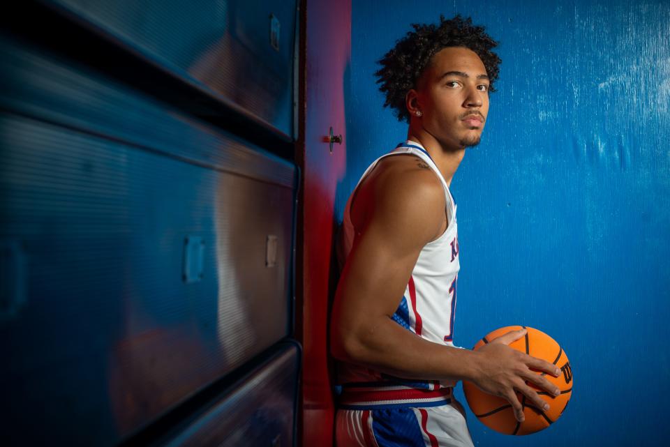 Kansas redshirt junior forward Jalen Wilson (10) poses for a photo during media day inside Allen Fieldhouse on Tuesday afternoon.