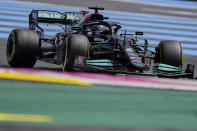 Mercedes driver Lewis Hamilton of Britain steers his car during the first free practice for the French Formula One Grand Prix at the Paul Ricard racetrack in Le Castellet, southern France, Friday, June 18, 2021. The French Grand Prix will be held on Sunday. (AP Photo/Francois Mori)