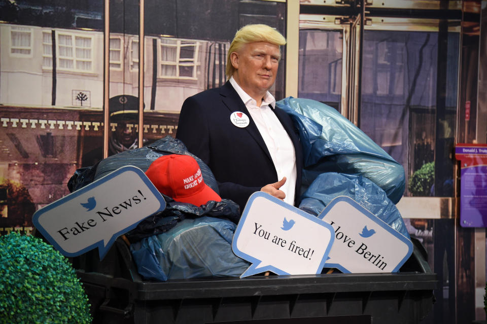 BERLIN, GERMANY - OCTOBER 30: Shortly before the US presidential elections, Madame Tussauds Berlin throws the wax figure of Donald Trump into the trash bin and disposes of it on October 30, 2020 in Berlin, Germany. They expect that he is going to lose, so say they don't need it any longer. (Photo by Tristar Media/Getty Images)