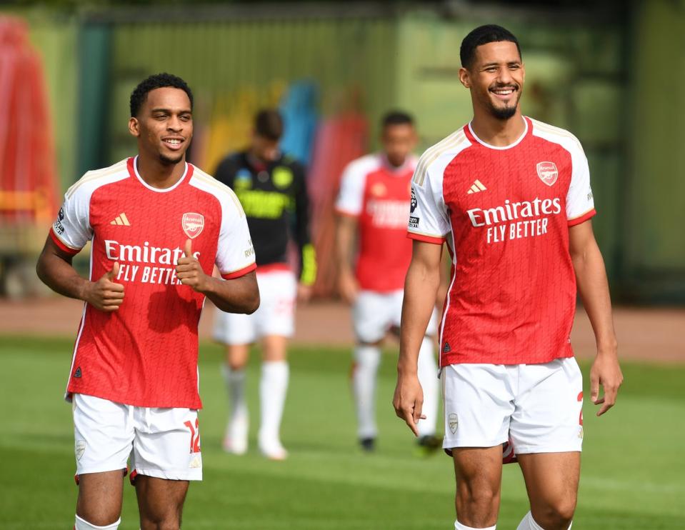 Jurrien Timber and William Saliba on Monday (Arsenal FC via Getty Images)