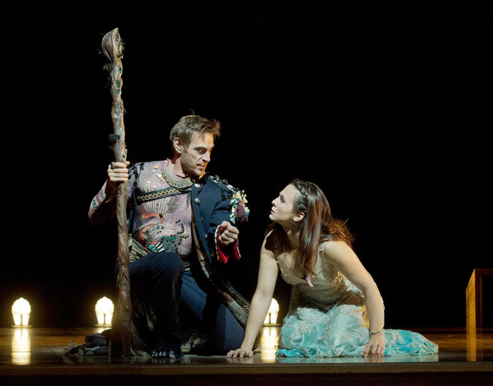 In this Oct. 15, 2012 photo provided by the Metropolitan Opera, Simon Keenlyside is Prospero and Isabel Leonard is Miranda during a dress rehearsal of Thomas Adès's "The Tempest," at the Metropolitan Opera in New York. (AP Photo/Metropolitan Opera, Ken Howard)