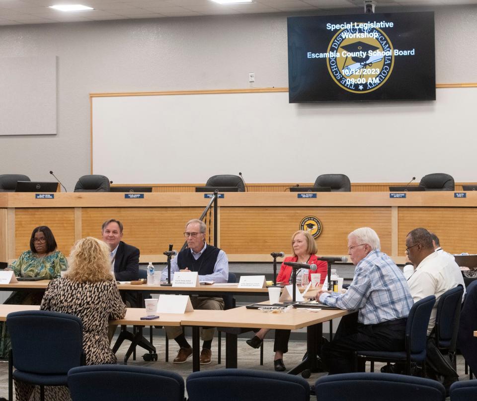 Escambia County School board members attend a workshop meeting with State Representative Michelle Salzman at the J.E. Hall Center on Thursday, Oct. 12, 2023. In a recent quality of life survey, many respondents were dissatisfied with the current school board.