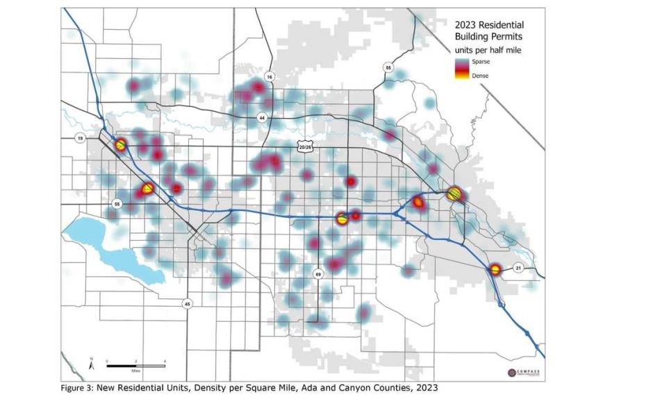 A heat map from the Community Planning Association of Southwest Idaho’s 2023 Development Monitoring Report shows where residential buildings have been permitted, with lighter colors showing areas where there has been more permitting. Hotspots can be seen in downtown and southeast Boise, Meridian, Caldwell and between Caldwell and Nampa.