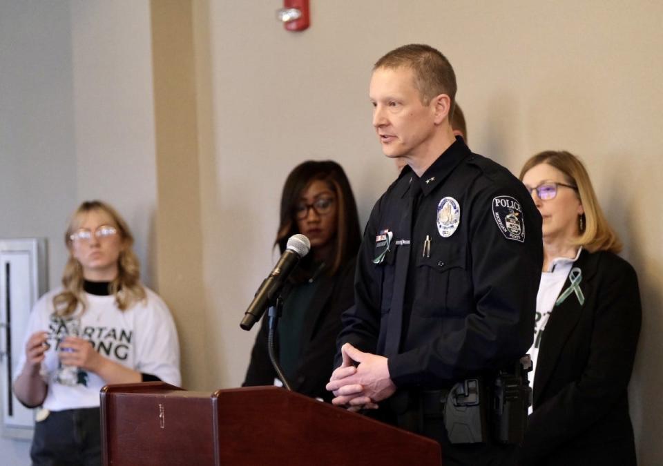 Michigan State interim Deputy Chief Chris Rozman speaks about security on campus at a news conference Sunday, Feb. 19, 2023.