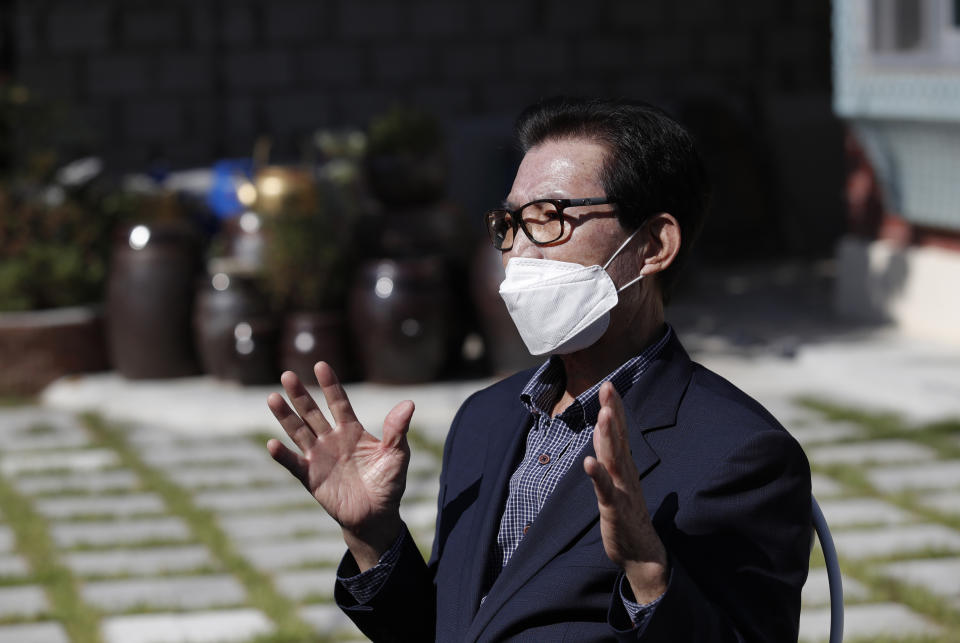 A local resident Shin Dae-sik, 83, speaks during an interview at his home in Cheongju, South Korea, Friday, Sept. 25, 2020. The coronavirus is forcing South Koreans to celebrate their Thanksgiving holiday differently this year, that begin Wednesday, Sept. 30, 2020. Shin said about 15 family members assembled for Chuseok in past years but they decided not to do so this week. (AP Photo/Lee Jin-man)
