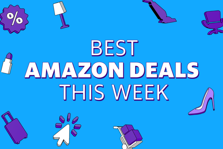 Text: Best Amazon Deals This Week, on a blue background with assorted shopping-related images in purple