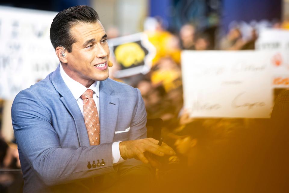 Brady Quinn speaks during the Fox Sports Big Noon Kickoff NCAA football pregame show, Saturday, Oct. 9, 2021, at the Pentacrest in Iowa City, Iowa.