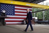 Democratic presidential candidate former Vice President Joe Biden walks from the podium after speaking at McGregor Industries in Dunmore, Pa., Thursday, July 9, 2020. (AP Photo/Matt Slocum)