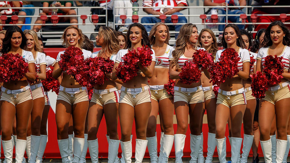 San Francisco 49ers cheerleaders on the sidelines during the first quarter against the Arizona Cardinals at Levi’s Stadium on October 7, 2018 in Santa Clara, California. The Arizona Cardinals defeated the San Francisco 49ers 28-18. (Photo by Jason O. Watson/Getty Images)