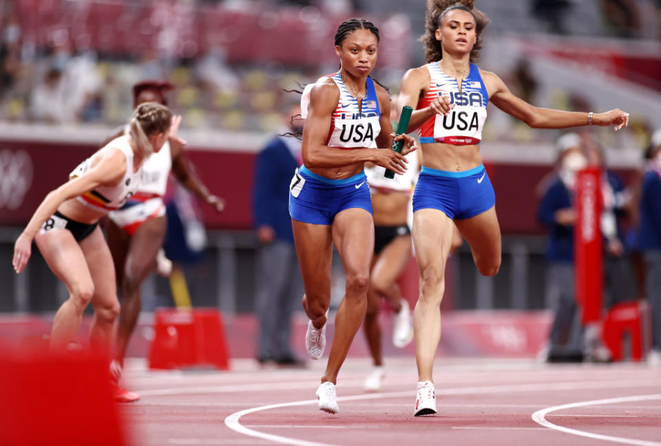 Allyson Felix of Team USA competes in the Women' s 4x400-m Relay Final on day fifteen of the Tokyo 2020 Olympic Games at Olympic Stadium on Aug. 07, 2021 in Tokyo, Japan.<span class="copyright">Ryan Pierse—Getty Images</span>