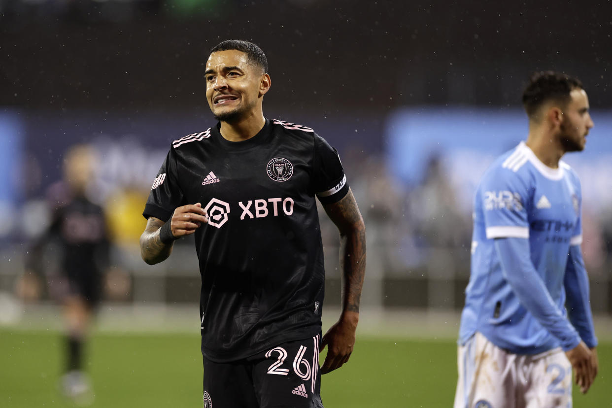 Inter Miami midfielder Gregore reacts after missing a shot against New York City FC during the second half of an MLS soccer playoff match Monday, Oct. 17, 2022, in New York. (AP Photo/Adam Hunger)